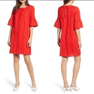 J. Crew Red Eyelet Ruffle Sleeve Dress